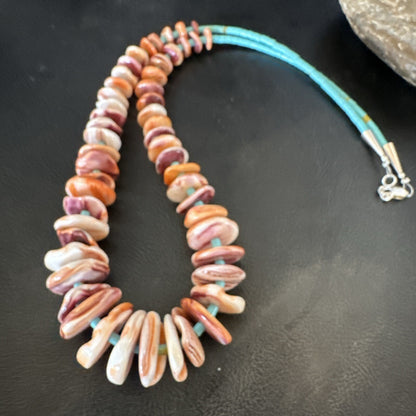 Orange Spiny Oyster Turquoise Navajo Pearls Sterling Silver Necklace 25" 18066