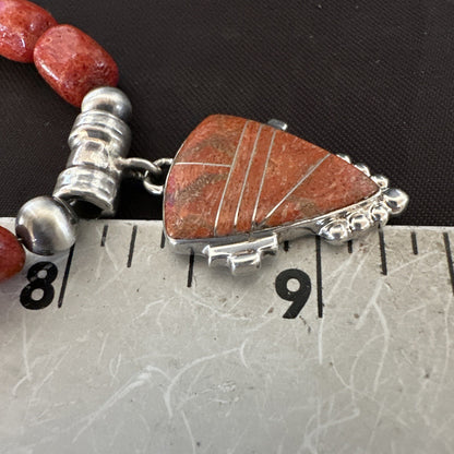 Navajo Apple Sponge Coral Sterling Silver Necklace Inlay Pendant 21” 18685