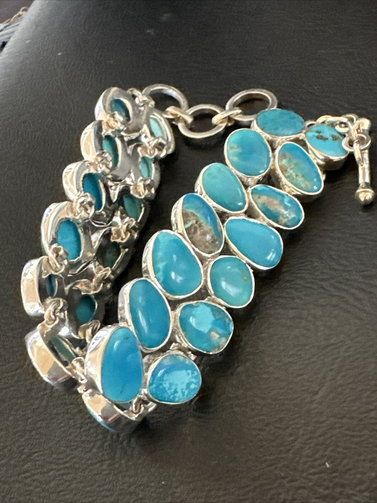 WoMen Blue Kingman Turquoise Sterling Silver Southwestern Link Bracelet 17974