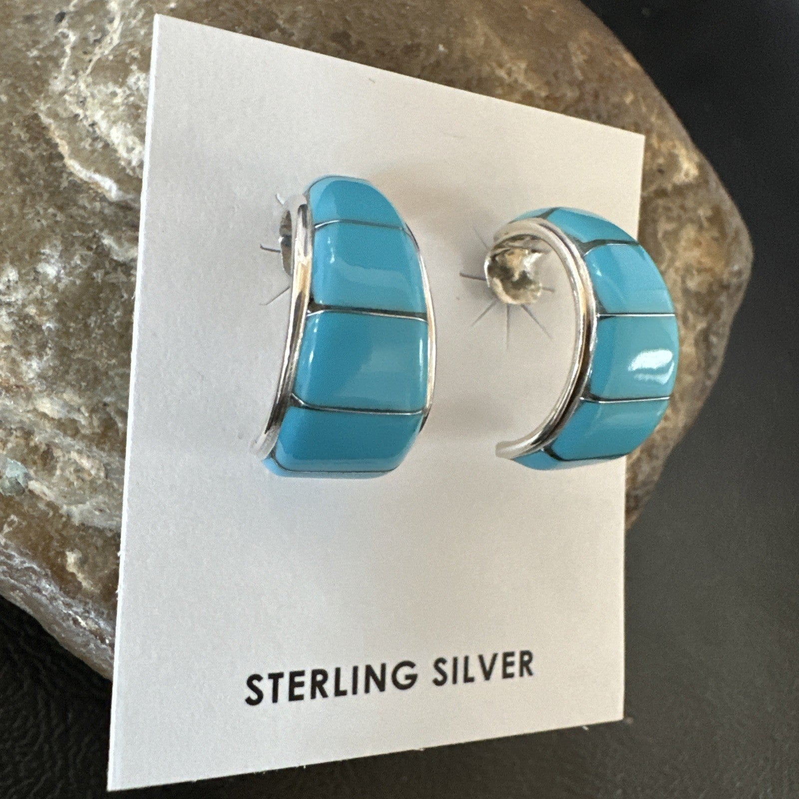 Southwestern Sterling Silver Blue Turquoise Stud Inlay Earrings 1” 19267