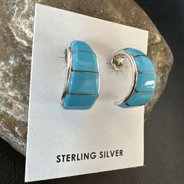 Southwestern Blue Turquoise Stud Inlay Earrings 1" | Sterling Silver | Authentic Native American Handmade | 19267