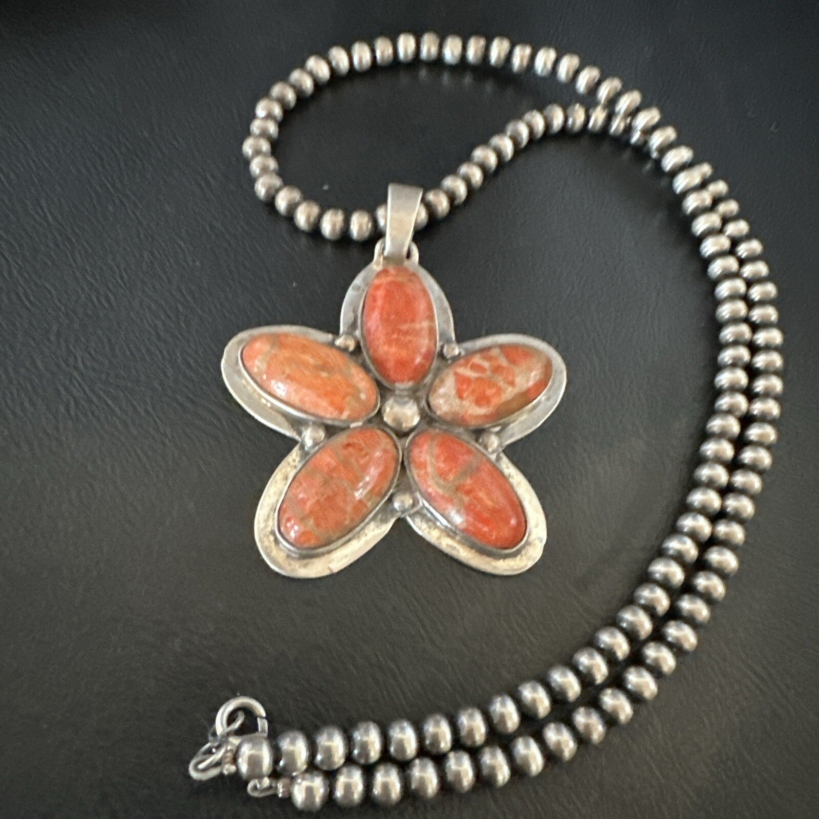 Navajo Apple Sponge Coral Sterling Silver Necklace Pendant 18133