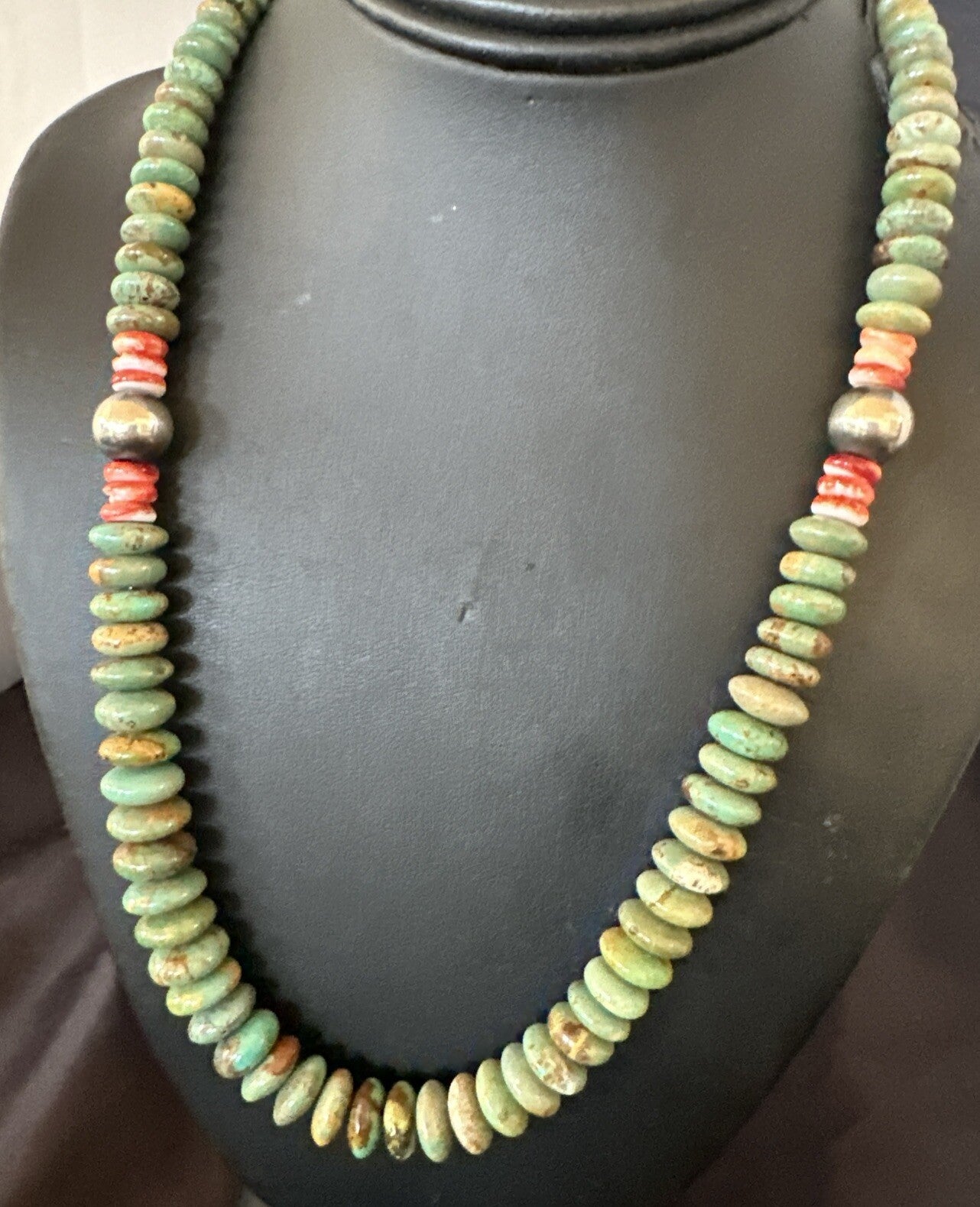Green Turquoise Red Spiny Oyster Navajo Sterling Silver Necklace 21" 18360