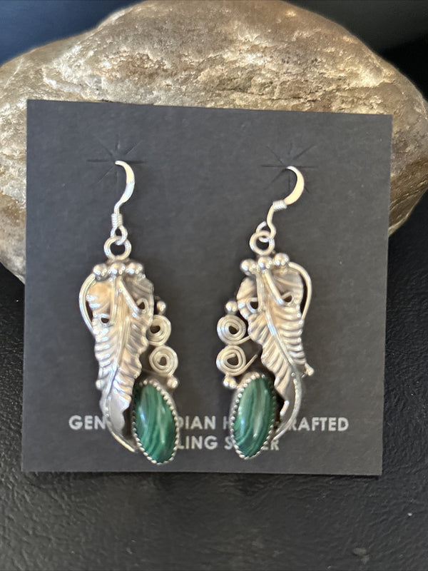 Green Malachite Navajo Dangle Earrings | Sterling Silver | Authentic Native American Handmade | 14761