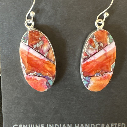 Blue Turquoise Red Spiny Oyster Inlay Sterling Silver Dangle Earrings 15558