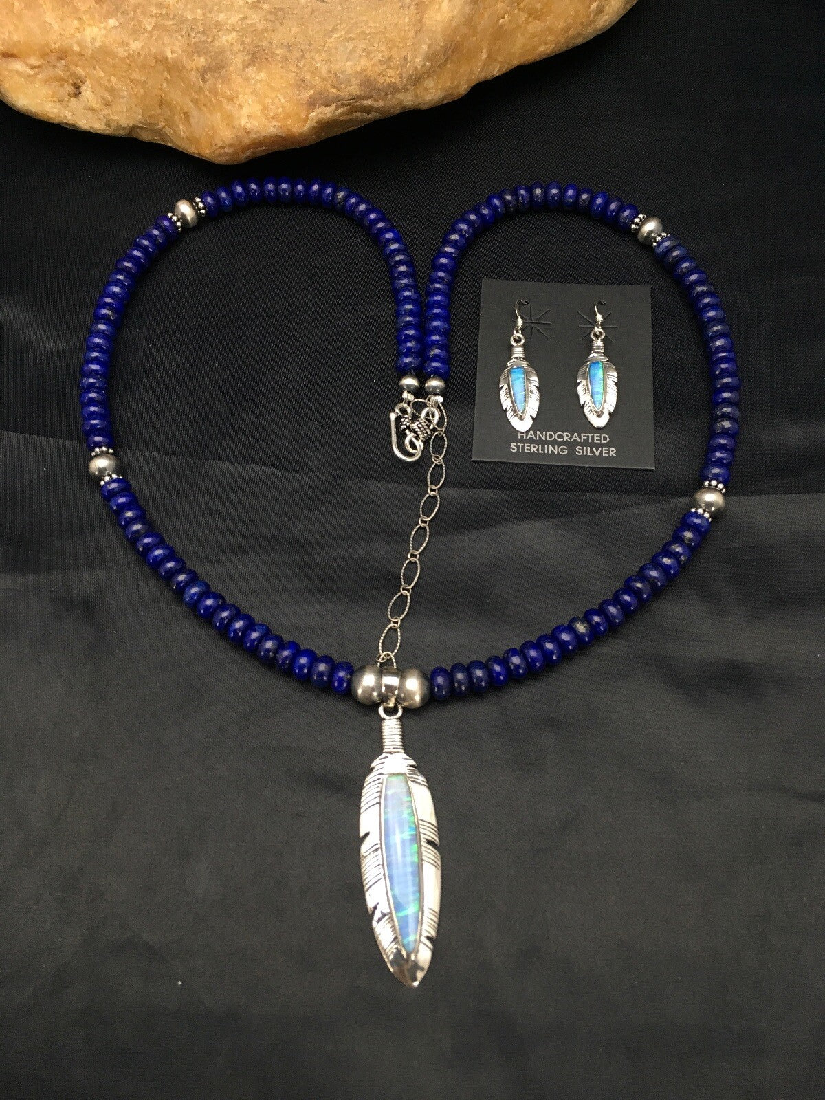 Opal Pendant Lapis Navajo Sterling Silver Beads Necklace & Earring 21" 02798