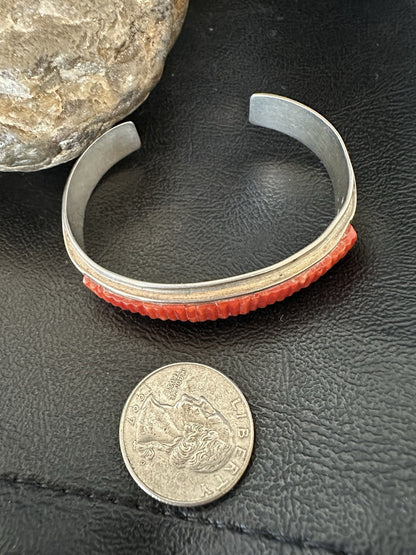 Native American Red Coral Navajo Bracelet Sterling Silver Handmade 19461