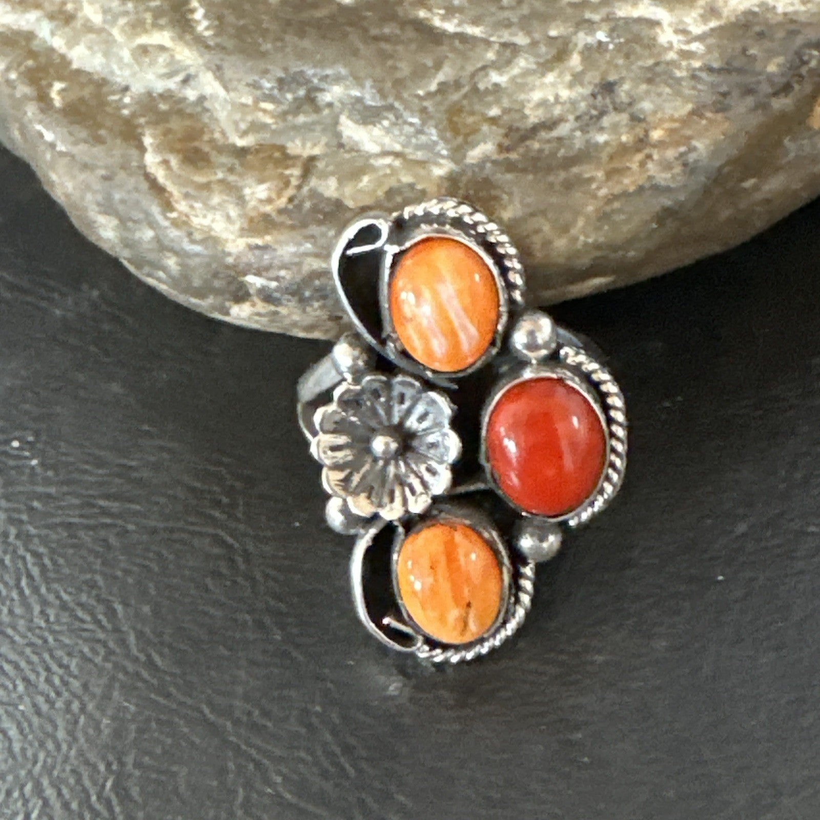 Multicolor Ring Coral Spiny Navajo Sterling Silver Cluster Sz 10.5 19196
