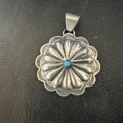 Navajo Native American Turquoise Pendant  Stamped Sterling Silver 1” 19687