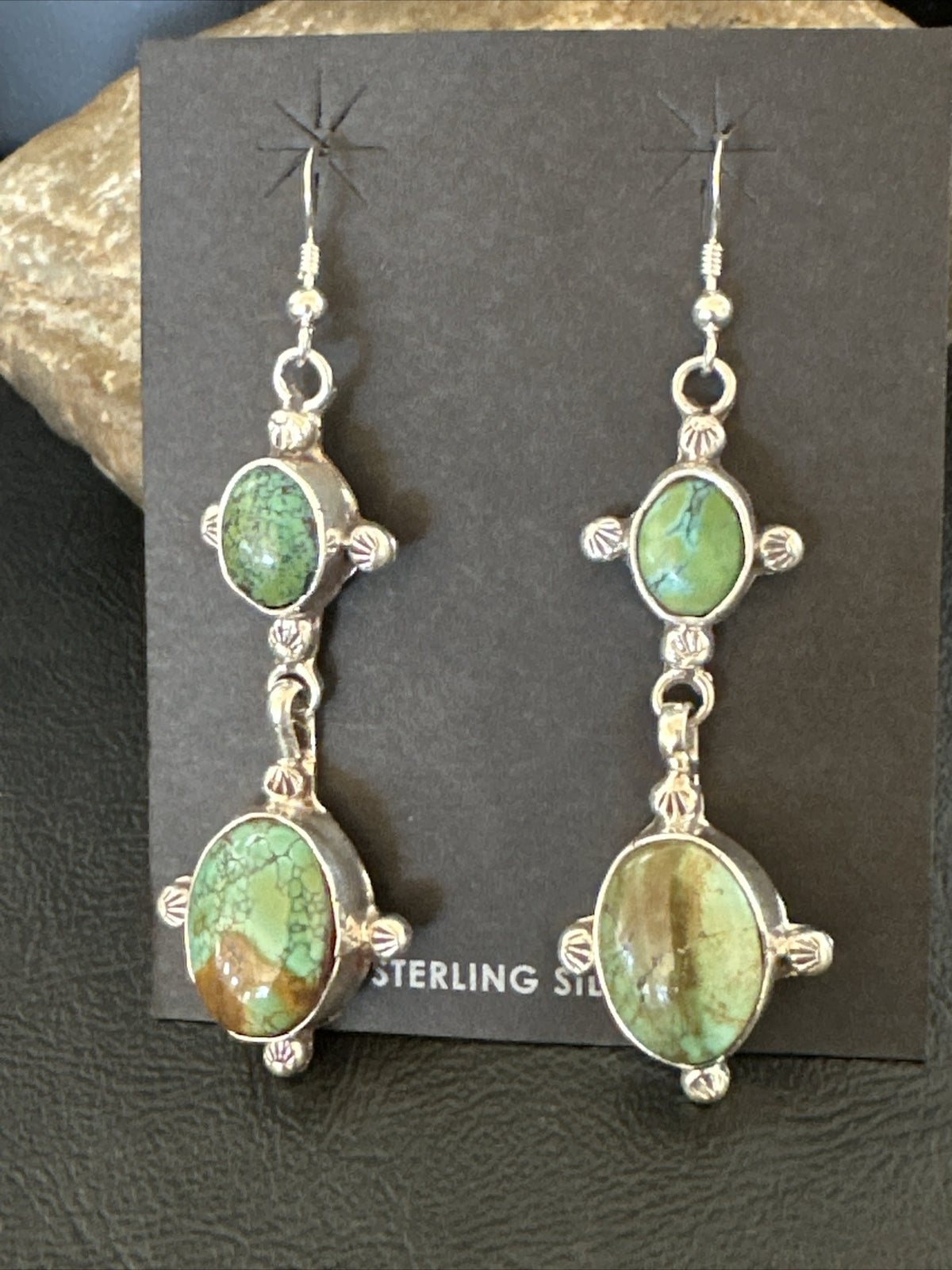 Native Navajo Green Turquoise Sterling Silver Dangle Earrings 2” 17695