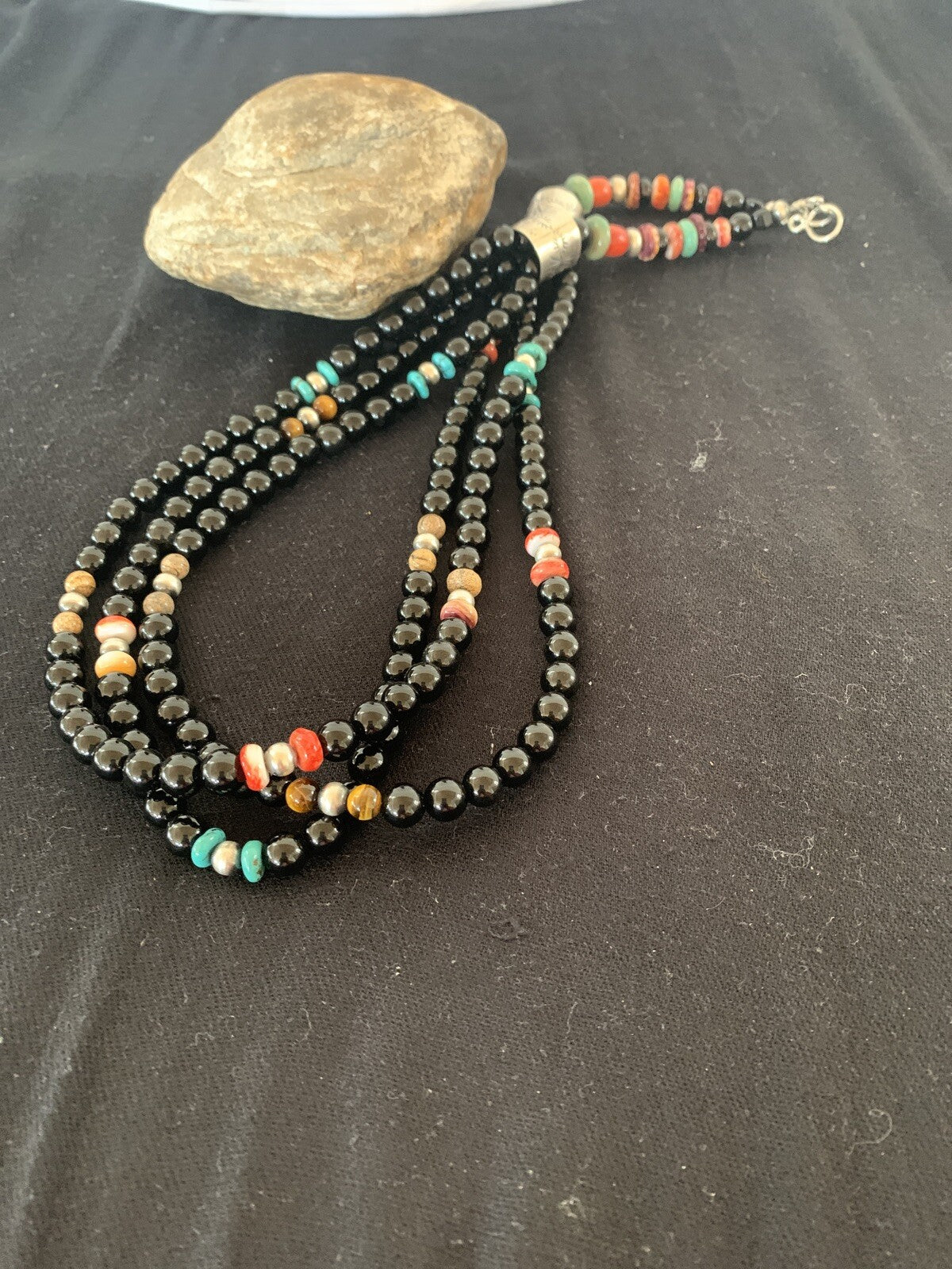 Turquoise Onyx Spiny Picture Jasper Navajo Sterling Silver Necklace 00380