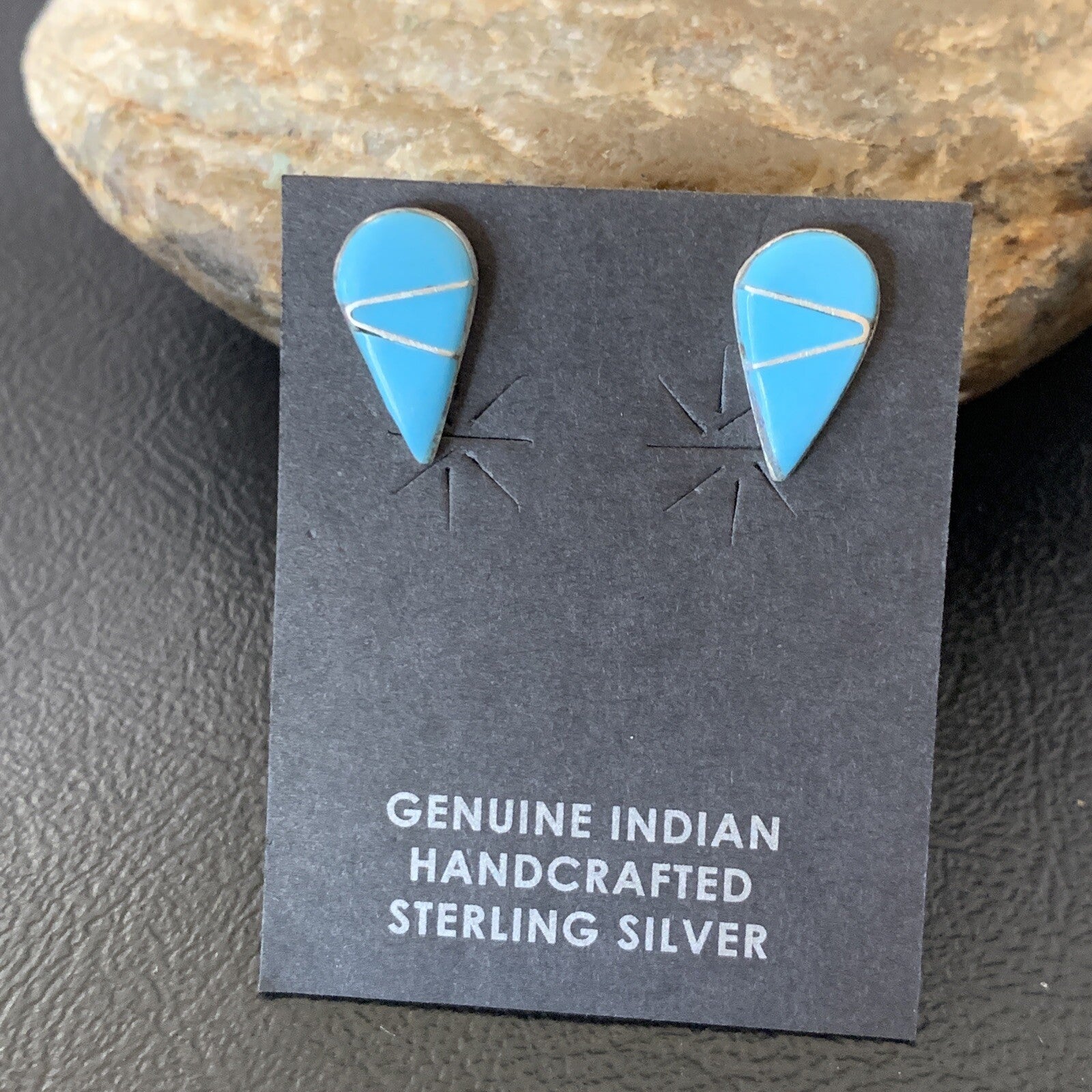 Blue Turquoise Inlay Zuni Sterling Silver Dangle Post Earrings 0.5" 12753
