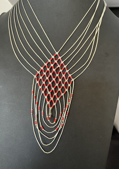 Red Coral Heishi Tubes Pendant 7 Strand Liquid Sterling Silver Necklace 19750