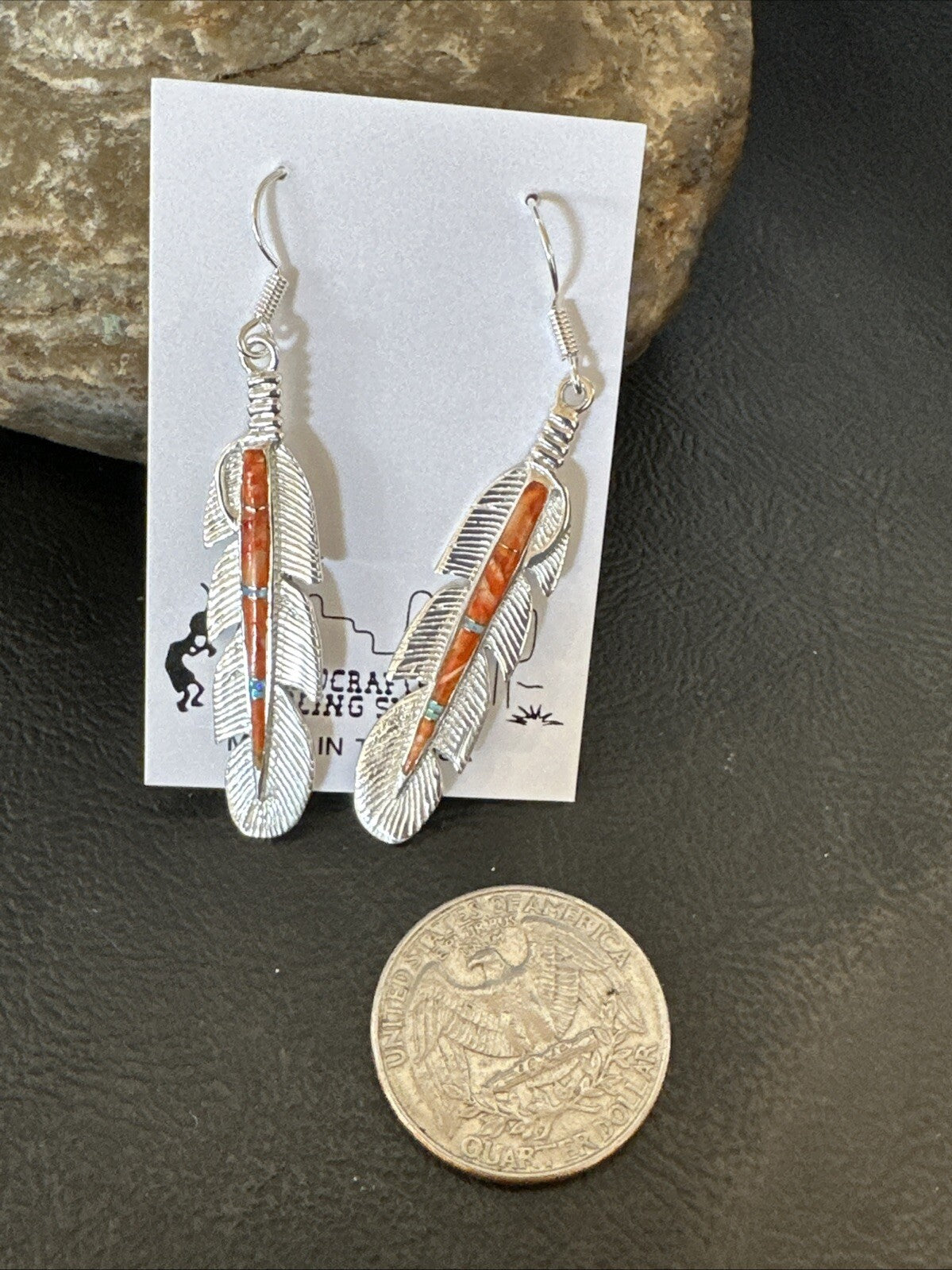Orange Spiny Oyster Opal Sterling Silver Handmade Inlay Feather Earrings 18695
