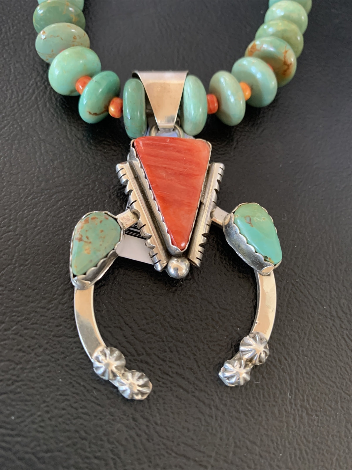 Royston Turquoise & Spiny Oyster Pendant Navajo Sterling Silver Necklace 02042
