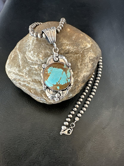 Mens Blue Turquoise#8 Pendant Navajo Sterling Silver Necklace 18071