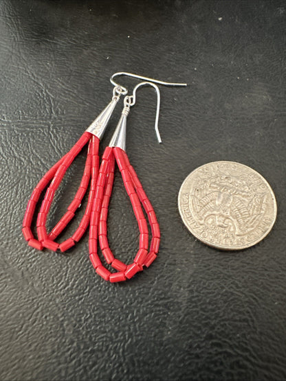 Native Red Coral Heishi Tube Liquid Sterling Silver Dangle Earrings 2" 4399
