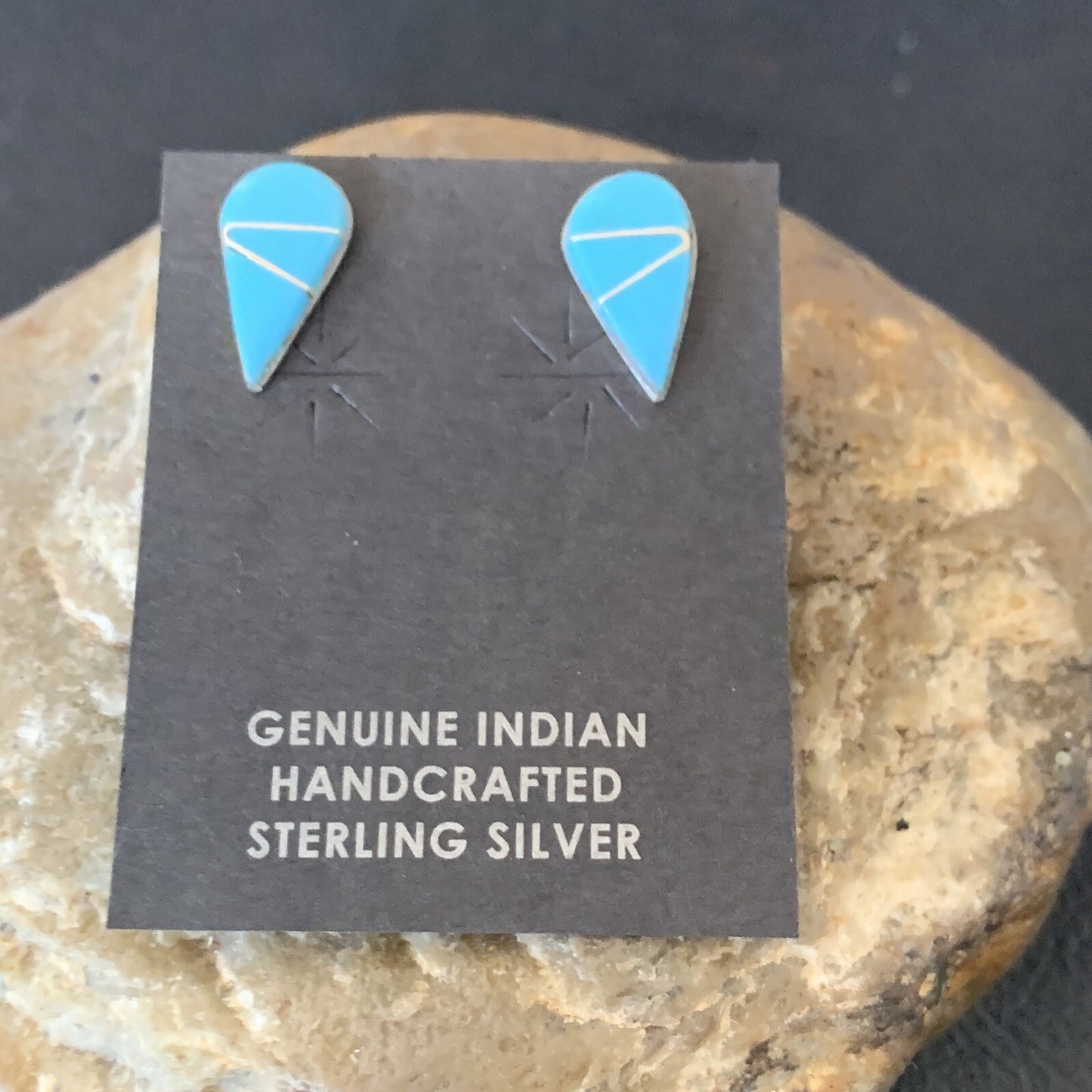 Blue Turquoise Inlay Zuni Sterling Silver Dangle Post Earrings 0.5" 12753