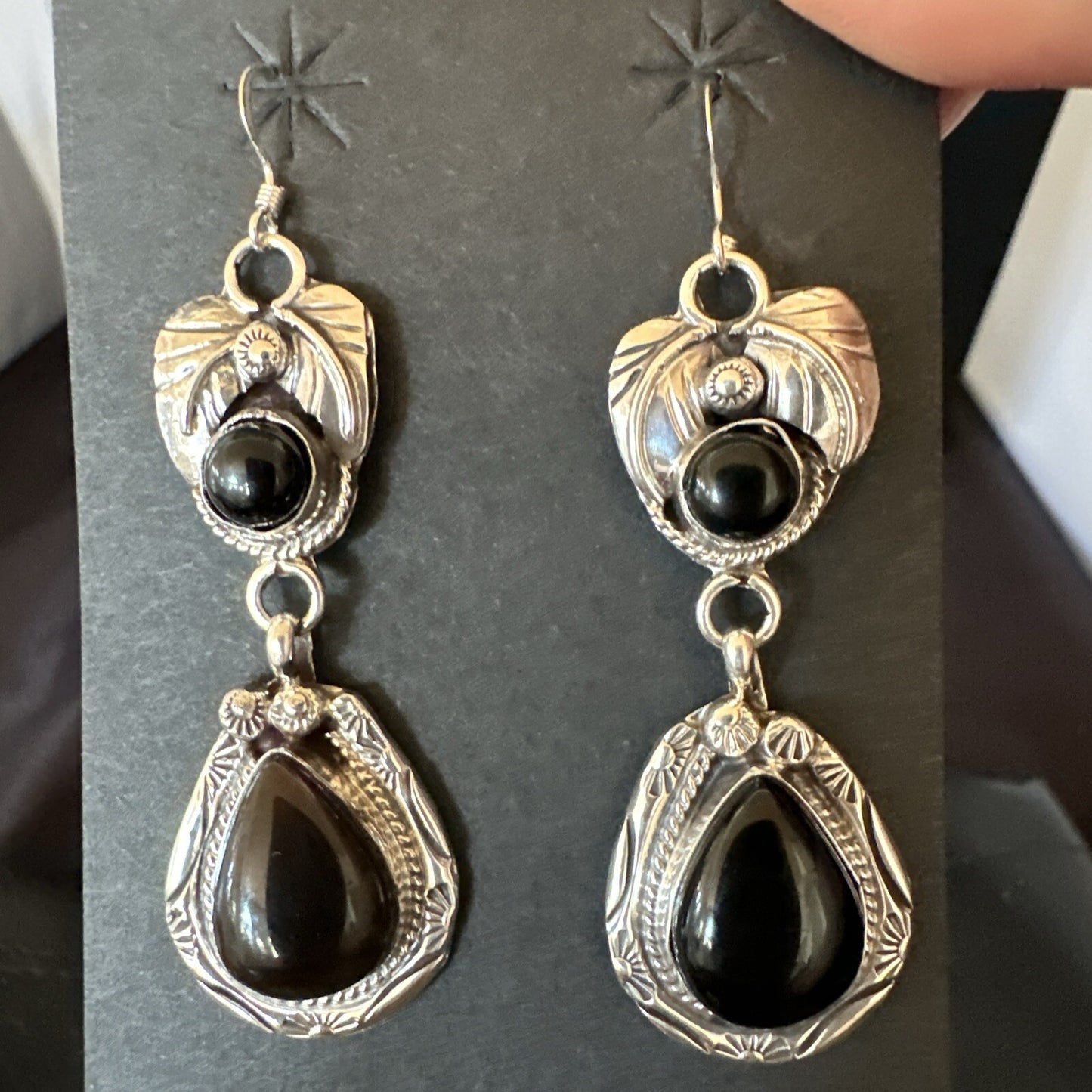 Black Onyx Navajo Sterling Silver Dangle Earrings 1.5" 18286