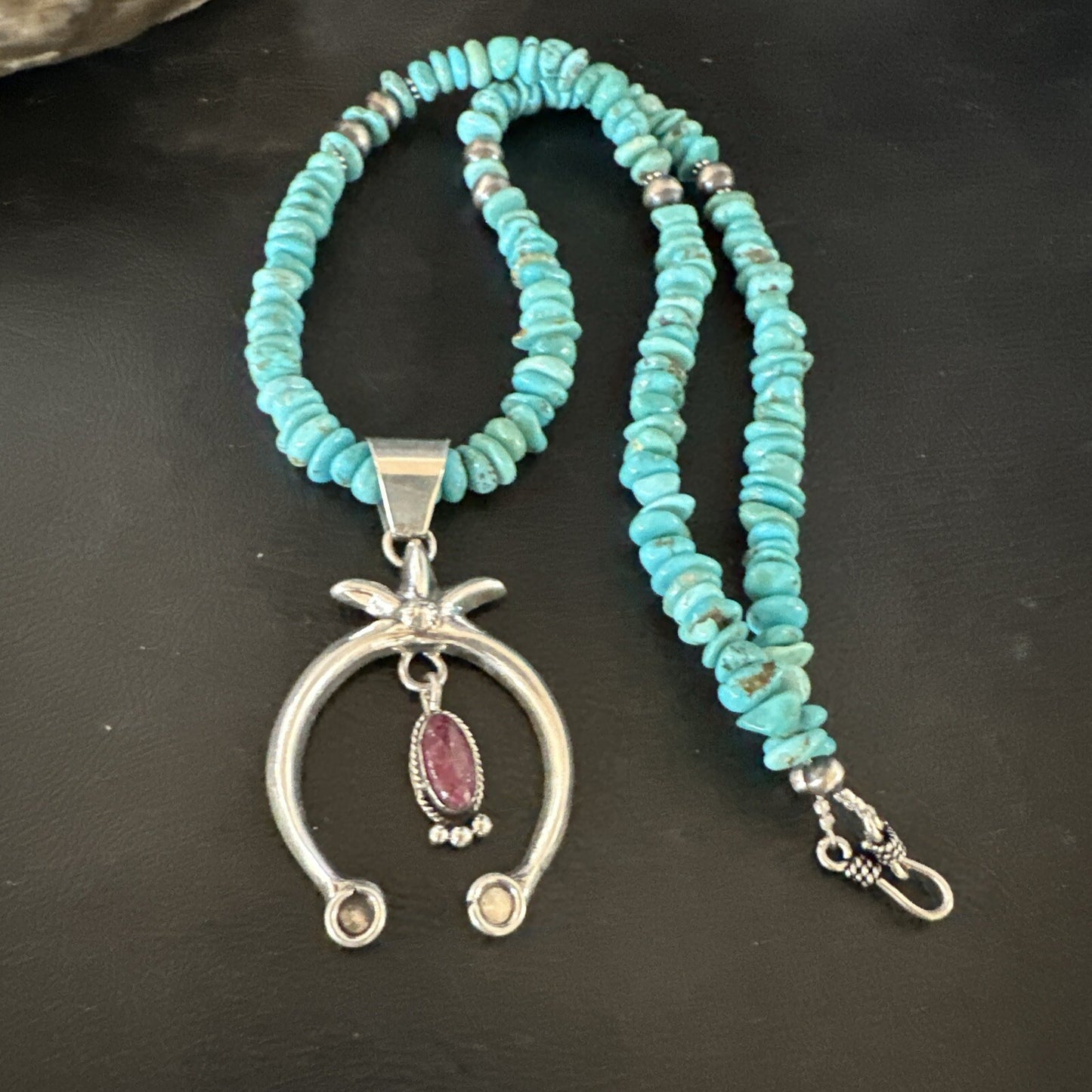 Mens Blue Turquoise Spiny Naja Pendant Navajo Sterling Silver Necklace 21” 17719