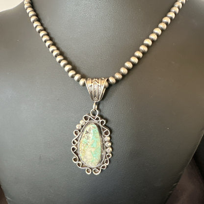Mens Women Navajo Sterling Silver Green Royston Turquoise Necklace Pendant 18682