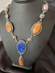 Multicolor Spiny Lapis Pendant Navajo Lariat Necklace 28" | Sterling Silver | Authentic Native American Handmade | 19438