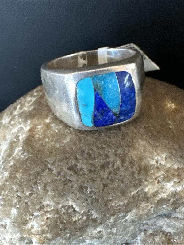 MultiColor Navajo Turquoise Lapis Inlay Ring Sz 10 | Sterling Silver | Authentic Native American Handmade | 18816