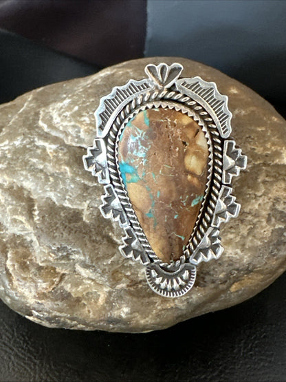 Navajo Sterling Silver Ribbon Boulder Green Turquoise Ring Size 11.5 19614