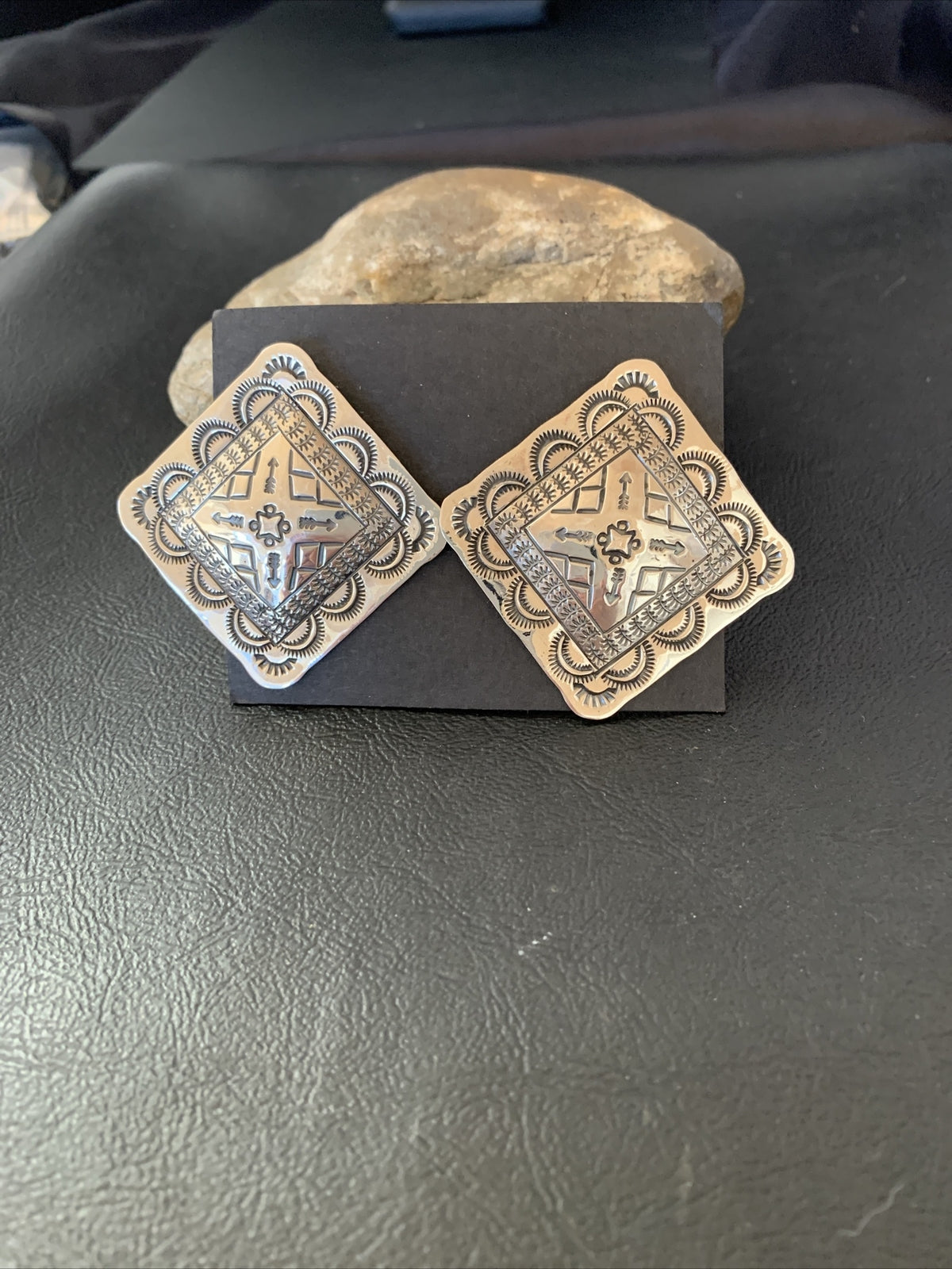 Native American Womens Navajo Sterling Silver Stamped Handmade Earrings