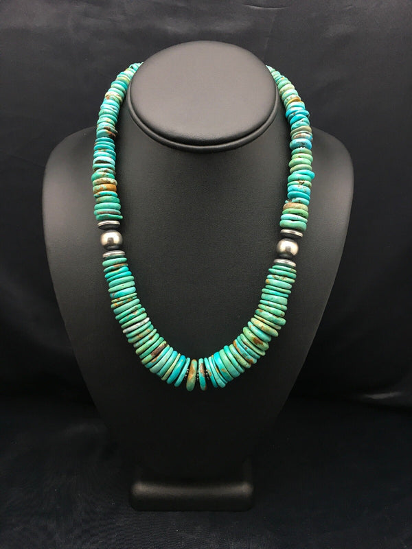 Turquoise Graduated Navajo Necklace 18" | Sterling Silver | Authentic Native American Handmade | 4047