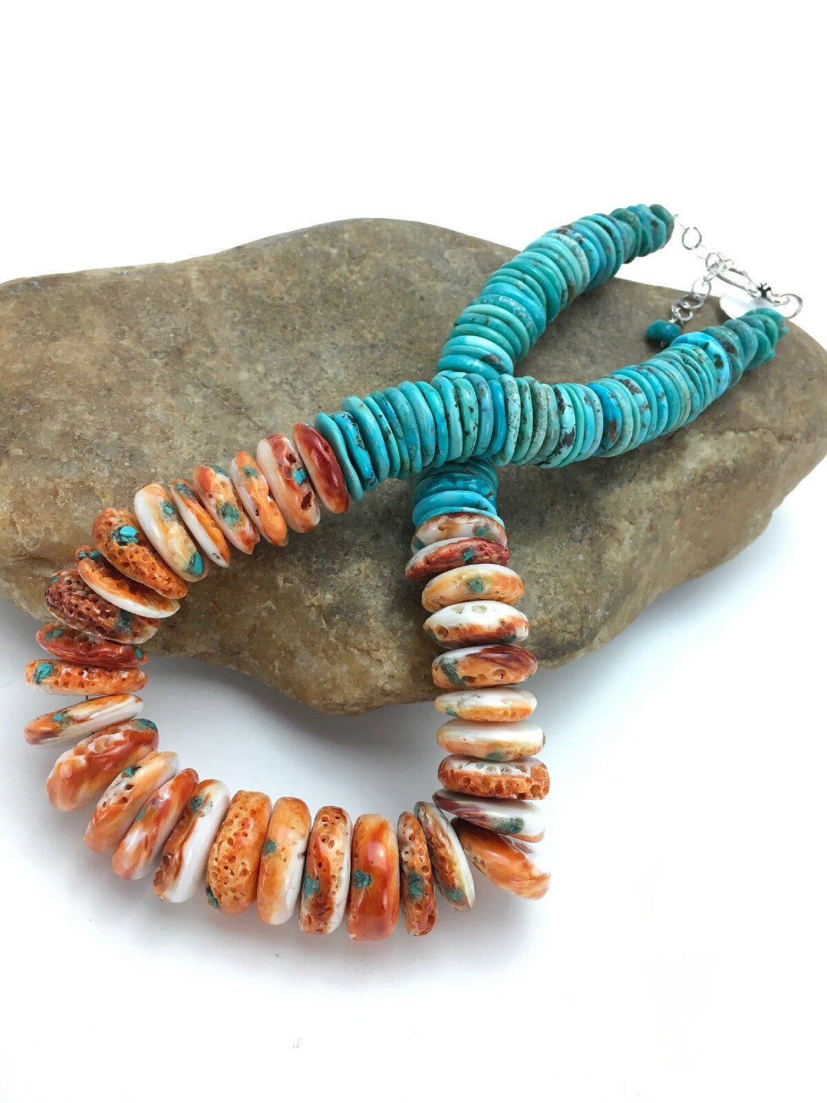 Spiny Oyster & Turquoise Graduated Sterling Silver Necklace 17" 03004