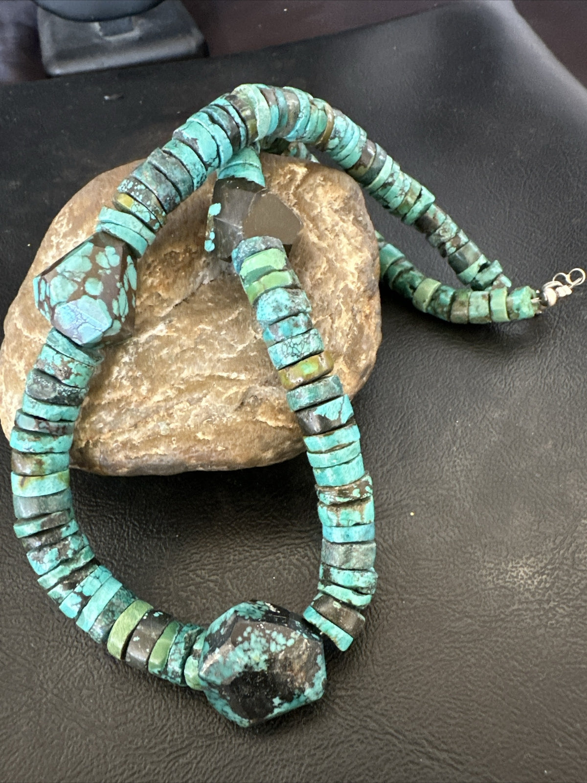 Native Turquoise Nugget Heishi Bead Navajo Sterling Silver Necklace 17745