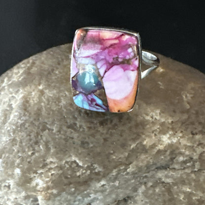 Blue Turquoise Spiny Oyster Southwestern Sterling Silver Ring Size 8 18442