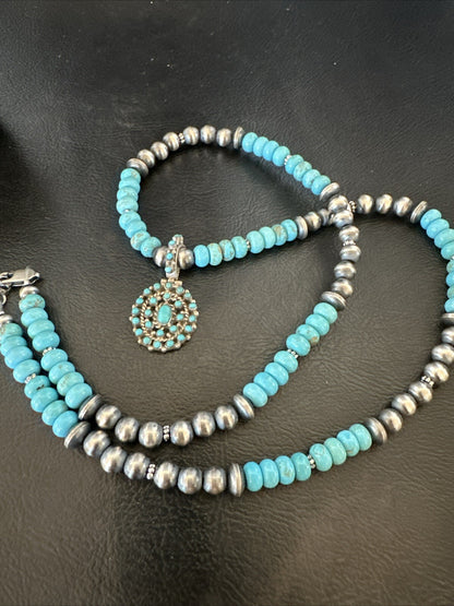 Zuni Blue Kingman Turquoise Cluster Pendant Sterling Silver Necklace 21" 18381