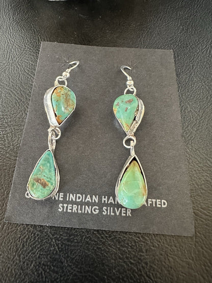 Green Royston Turquoise Navajo Sterling Silver Dangle Earrings 19369