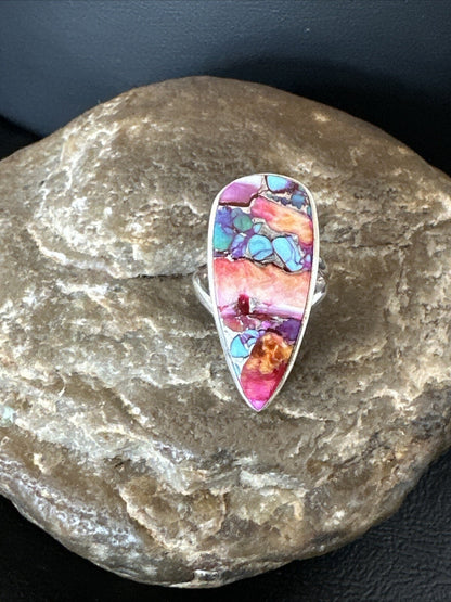 Blue Turquoise Orange Spiny Oyster Navajo Sterling Silver Ring Size 5.5 18210