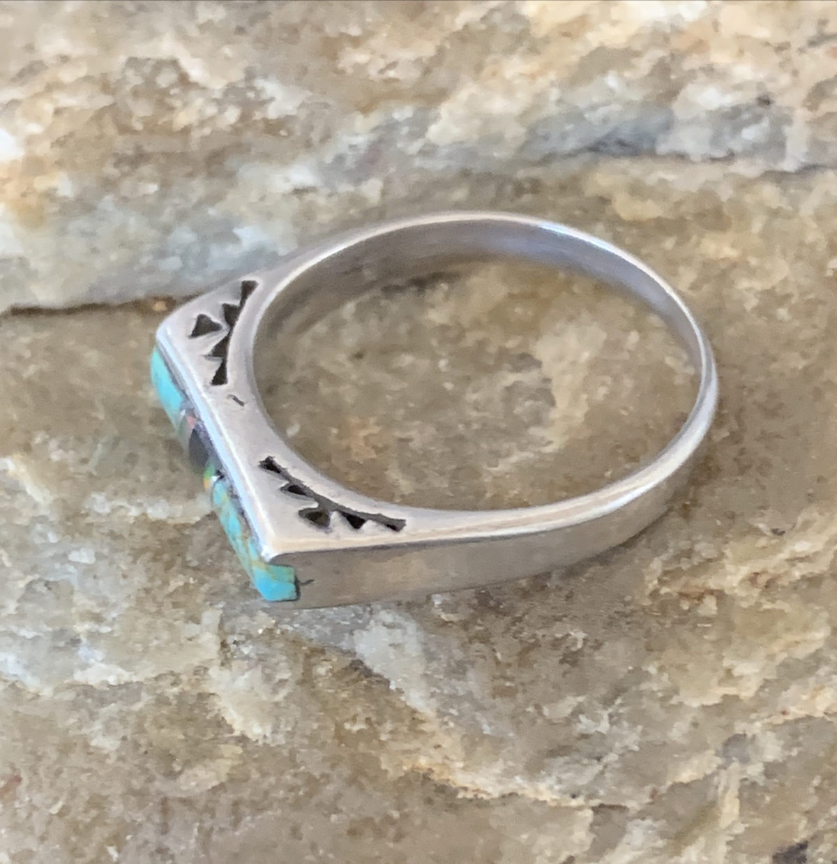 Turquoise & Onyx Navajo Sterling Silver Inlay Ring Size 6 11152