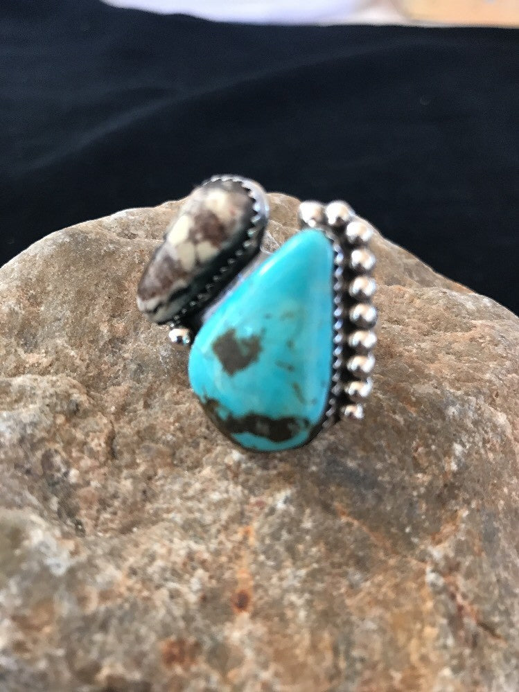 Crazy Horse & Blue Turquoise Navajo Indian Sterling Silver Ring Size 8 14698