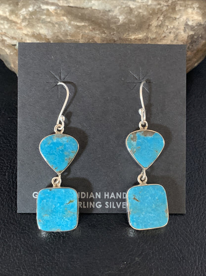Blue Kingman Turquoise Navajo Sterling Silver Dangle Earrings 14074