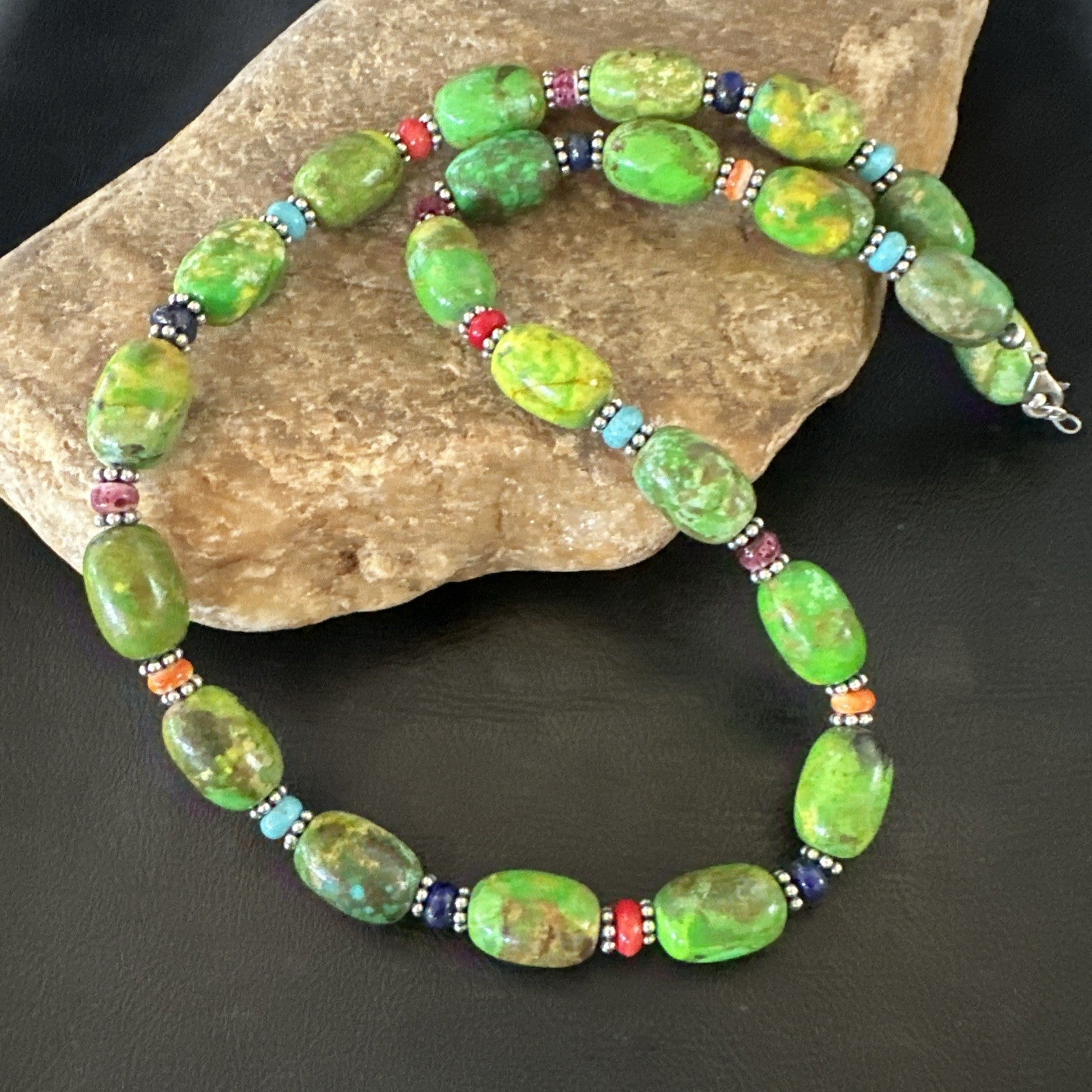 Green Turquoise Multicolor Southwestern Sterling Silver Necklace 22" 19247