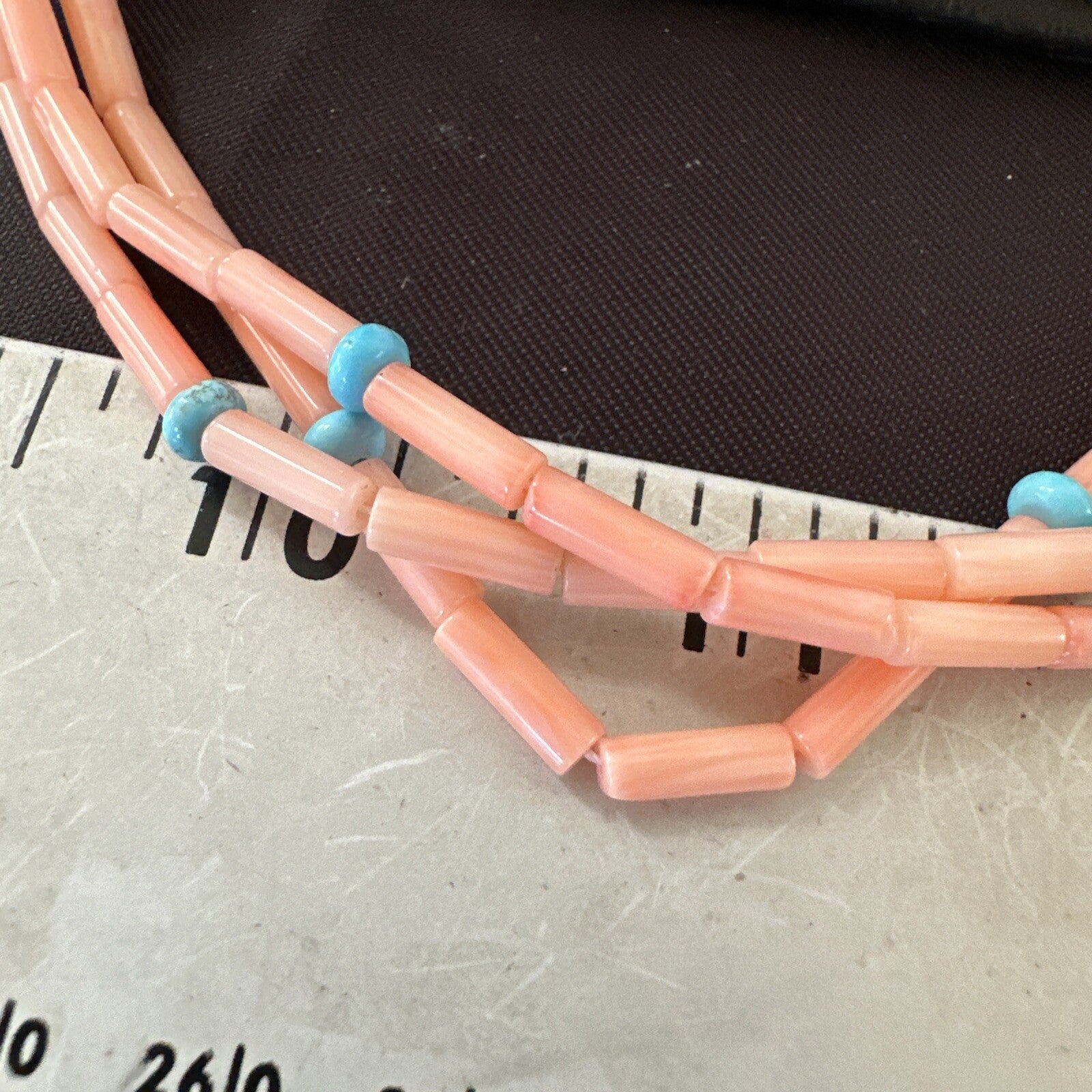 Native American Turquoise Pink Coral Sterling Silver 3 Strand Necklace 21" 17816
