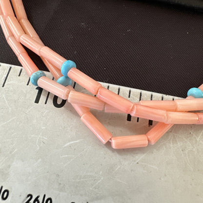 Native American Turquoise Pink Coral Sterling Silver 3 Strand Necklace 21" 17816