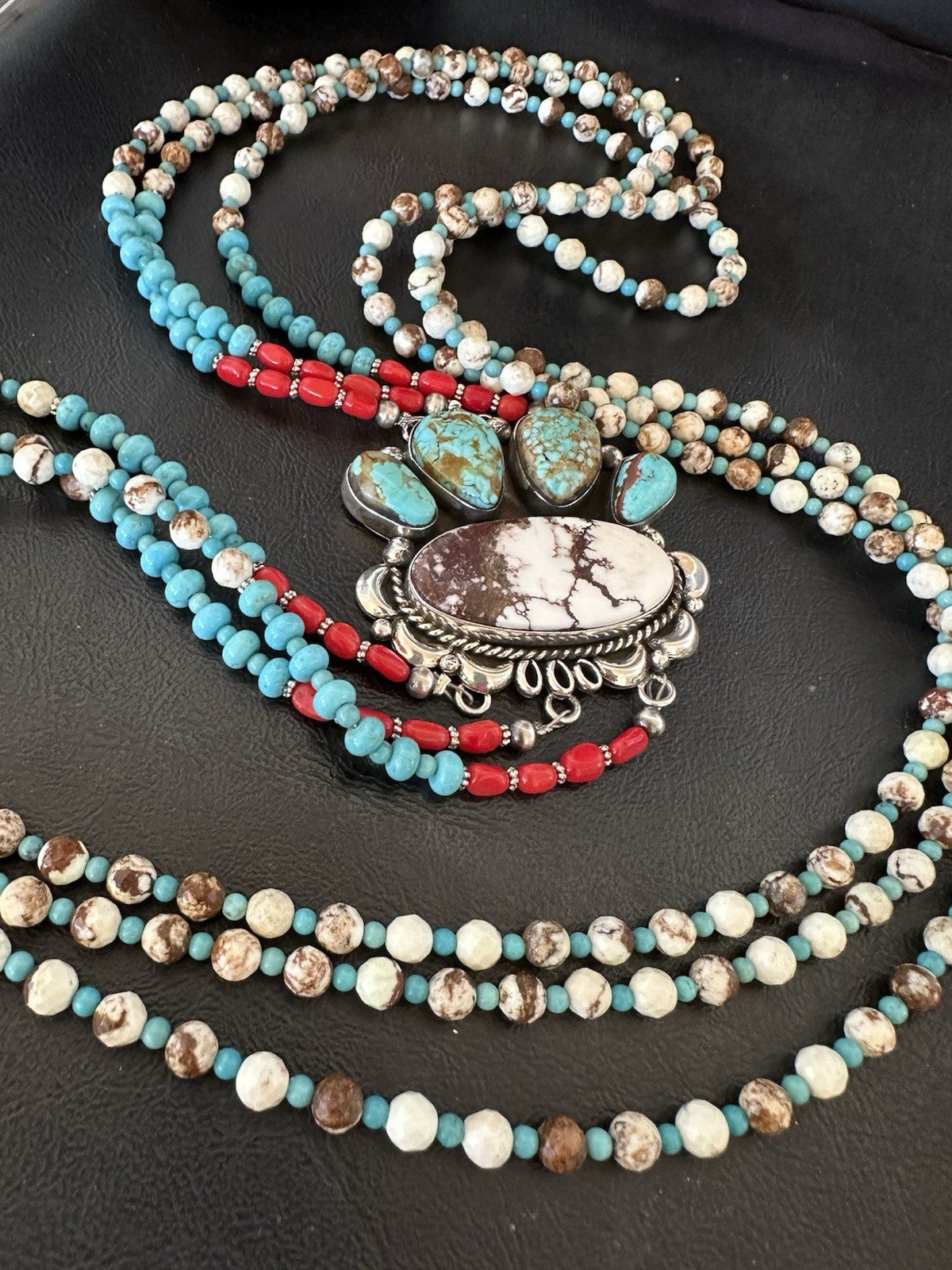 XL Statement Wild Horse Turquoise#8 Navajo 3S Sterling Silver Necklace 34” 19674