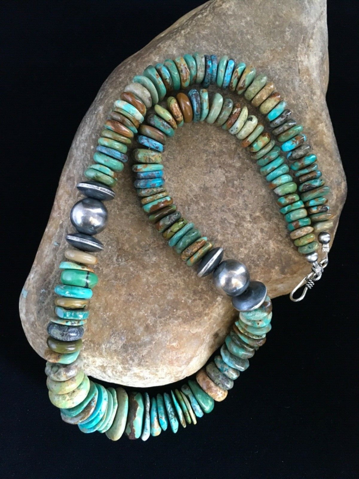 Mens Green Turquoise Graduated Navajo Sterling Silver Necklace 20" 01750