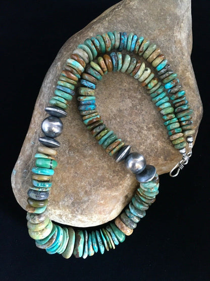 Mens Green Turquoise Graduated Navajo Sterling Silver Necklace 20" 01750