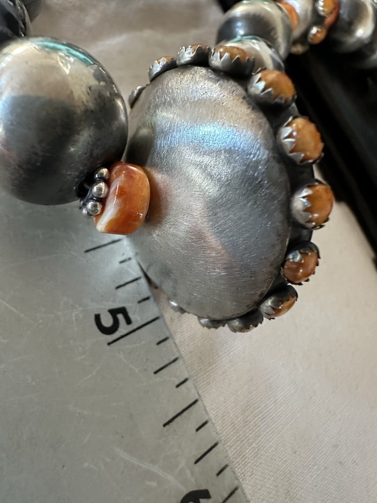 Orange Spiny Oyster Navajo Pearls Graduated Sterling Silver Necklace 23” 19446
