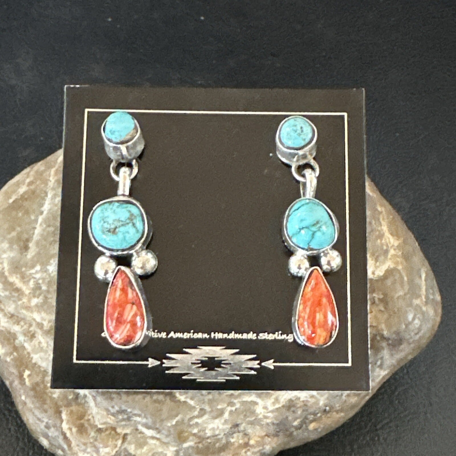 Blue Turquoise Red Spiny MultiColor Navajo Sterling Silver Inlay Earrings 18354