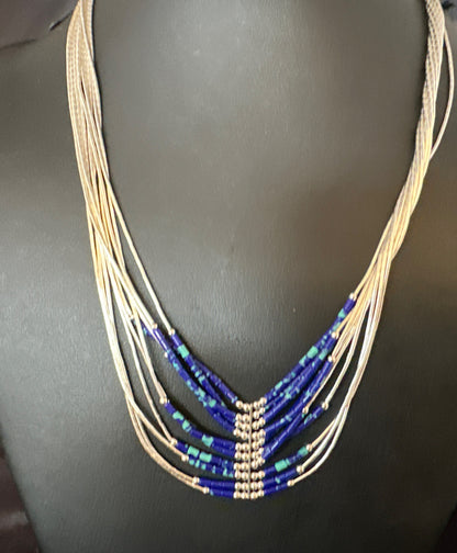 Blue Green Azurite Heishi 10Strand Stabilized Sterling Silver Necklace 18" 15135