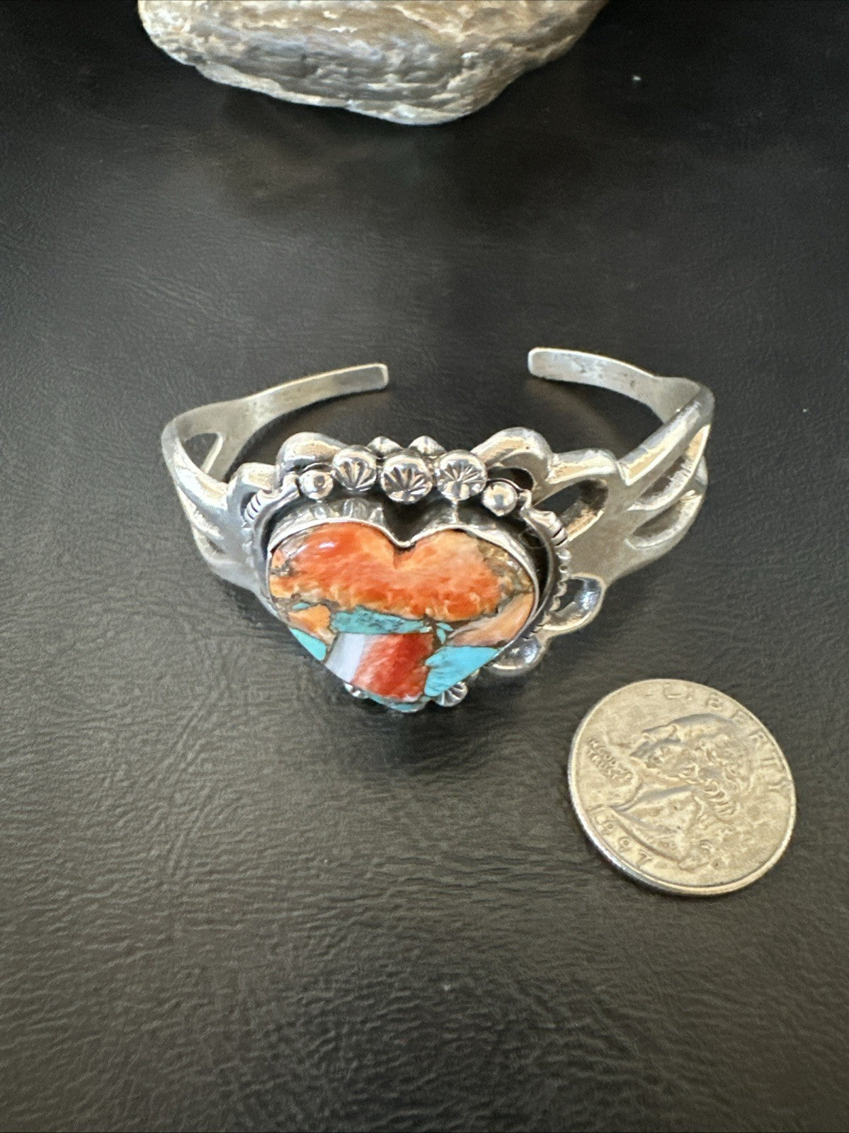 WoMens Tufa Heart Spiny Turquoise Navajo Silver Cuff Bracelet 7.6” 19457