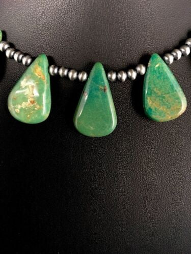 Navajo Green Turquoise Teardrop Necklace Sterling Silver Handmade 8744